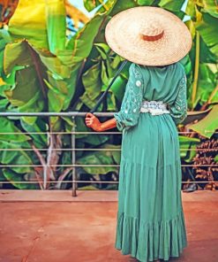 Woman In Green Wearing A Hat Diamond Painting