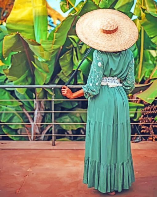 Woman In Green Wearing A Hat Diamond Painting