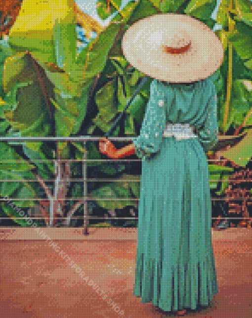 Woman In Green Wearing A Hat Diamond Painting