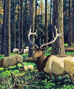 Elk Herd In Forest Diamond Painting