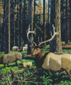 Elk Herd In Forest Diamond Painting