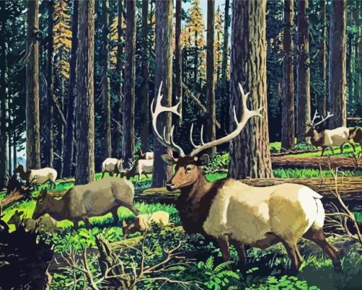 Elk Herd In Forest Diamond Painting