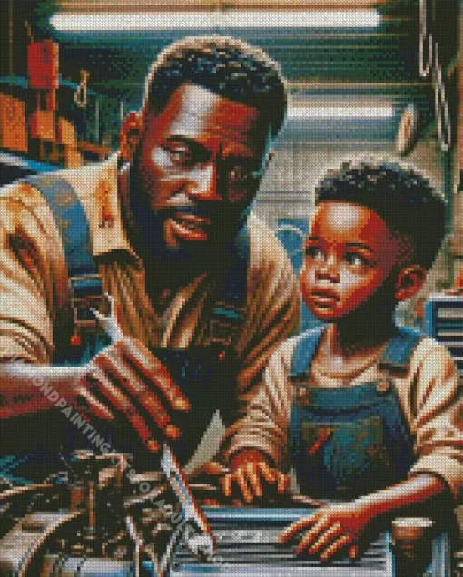 Mecanic Black Father And Child Diamond Painting