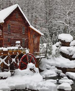 Old Grist Mill In Snow Diamond Painting