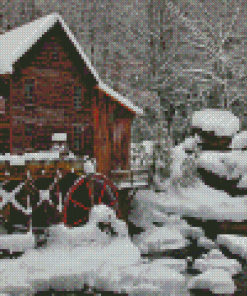 Old Grist Mill In Snow Diamond Painting