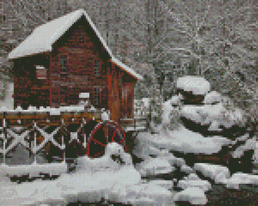 Old Grist Mill In Snow Diamond Painting