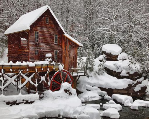 Old Grist Mill In Snow Diamond Painting