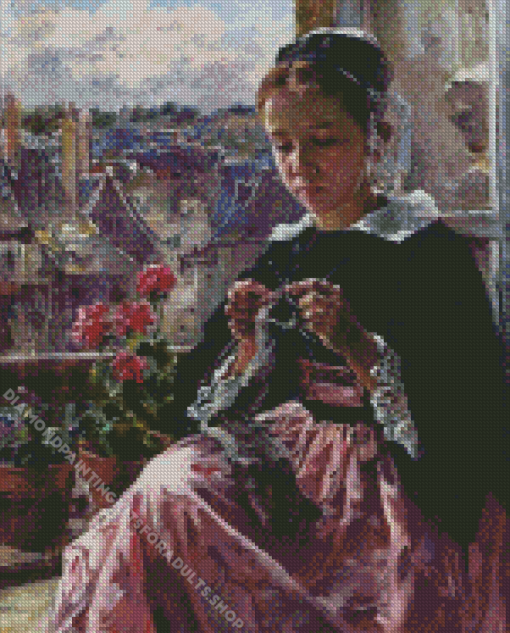 Victorian Girl Knitting Diamond Painting