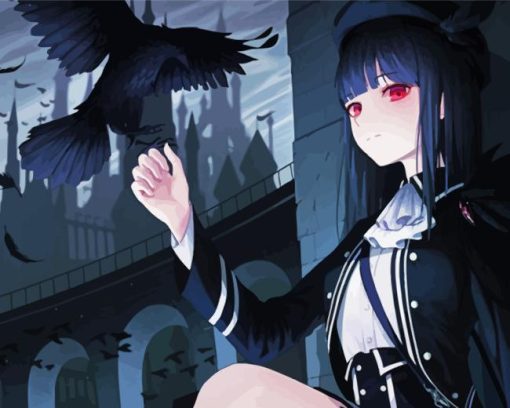 Anime Girl With Crow And Red Eyes Diamond Painting