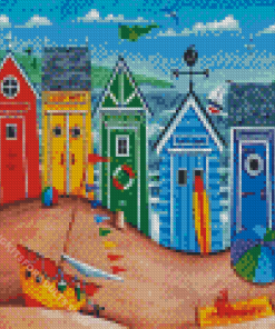 Beach Huts Rainbow Scene Diamond Painting