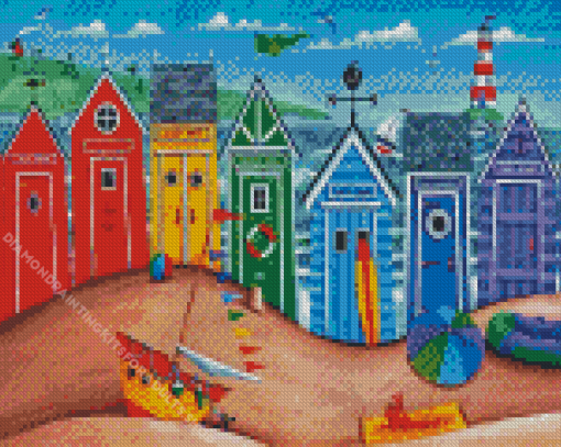 Beach Huts Rainbow Scene Diamond Painting