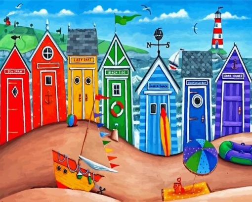 Beach Huts Rainbow Scene Diamond Painting