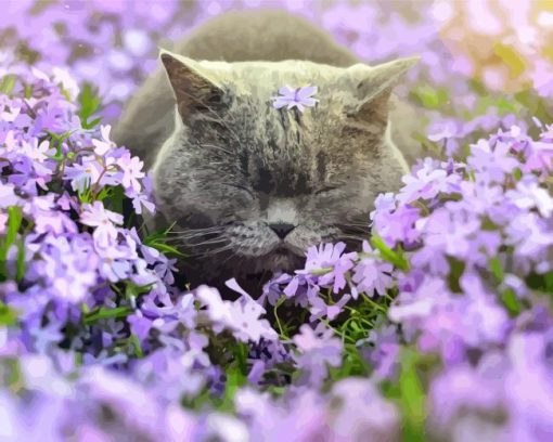 Cat Sleeping In Purple Flowers Field Diamond Painting