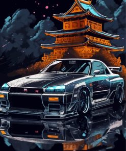 Nissan Skyline GTR R34 With Japanese Temple Diamond Painting