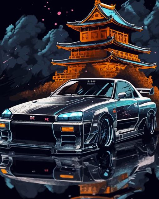 Nissan Skyline GTR R34 With Japanese Temple Diamond Painting