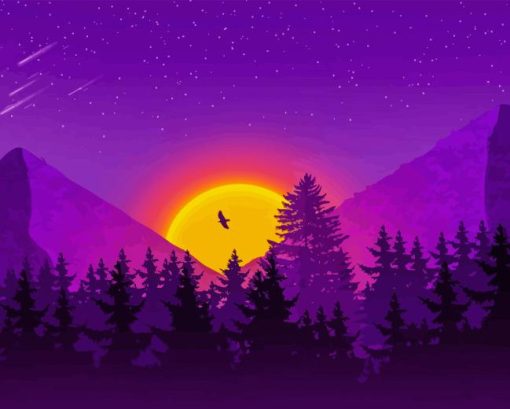 Purple Mountain With Trees Silhouette Diamond Painting