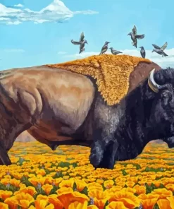 Bison In Desert Poppy Diamond Painting