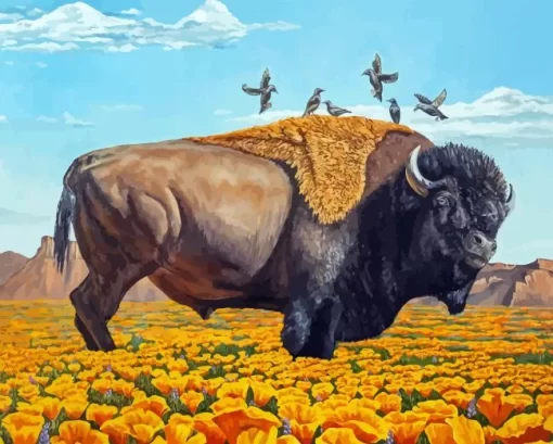 Bison In Desert Poppy Diamond Painting