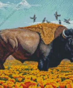 Bison In Desert Poppy Diamond Painting