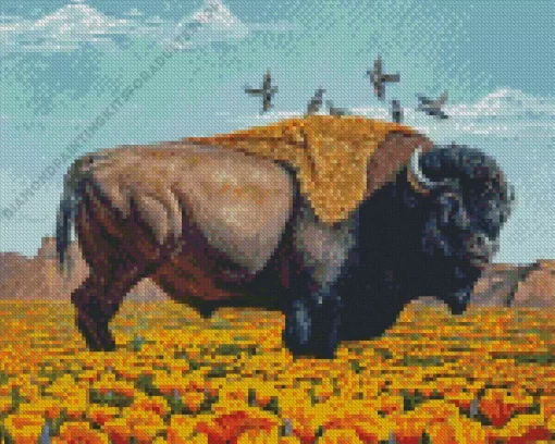 Bison In Desert Poppy Diamond Painting