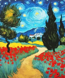 Aesthetic Windy Night And Poppy Flowers Art Diamond Painting