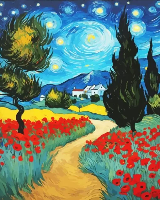 Aesthetic Windy Night And Poppy Flowers Art Diamond Painting