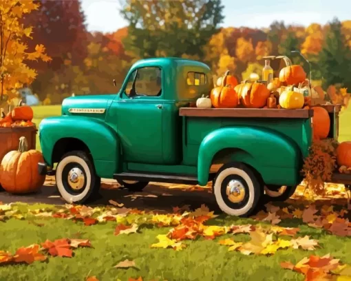 Green Farm Truck And Pumpkins Diamond Painting