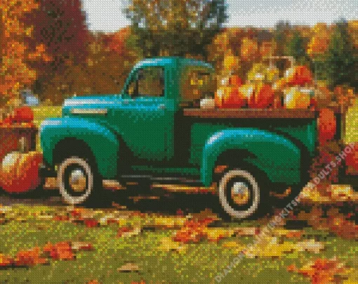 Green Farm Truck And Pumpkins Diamond Painting