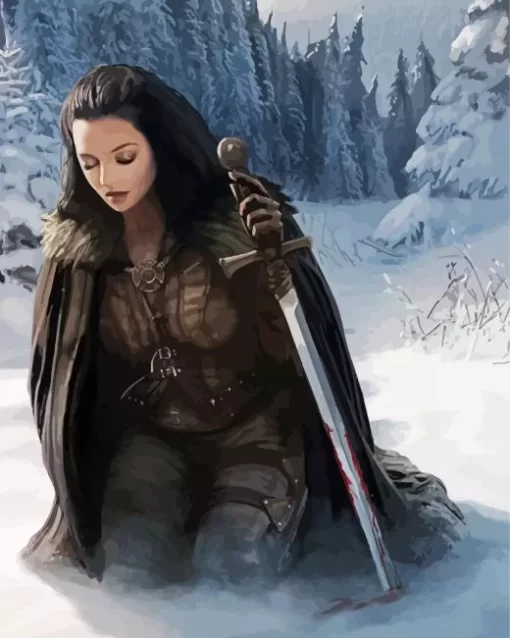 Lonely Female Warrior Kneeling Diamond Painting