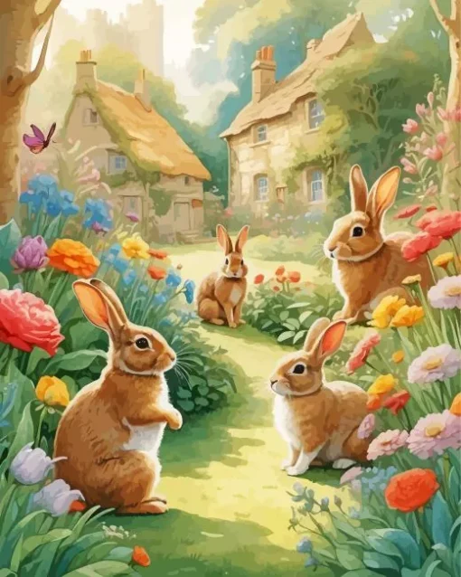 Blonde Bunnies Garden Diamond Painting