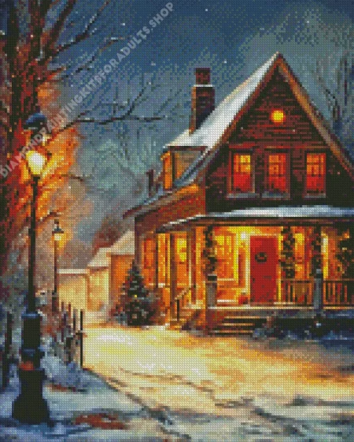 Christmas Farmhouse In The Snow Diamond Painting