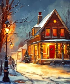 Christmas Farmhouse In The Snow Diamond Painting