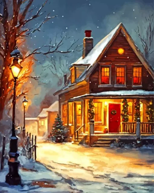 Christmas Farmhouse In The Snow Diamond Painting