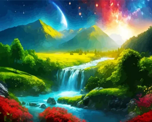 Galaxy Landscape Waterfall Diamond Painting