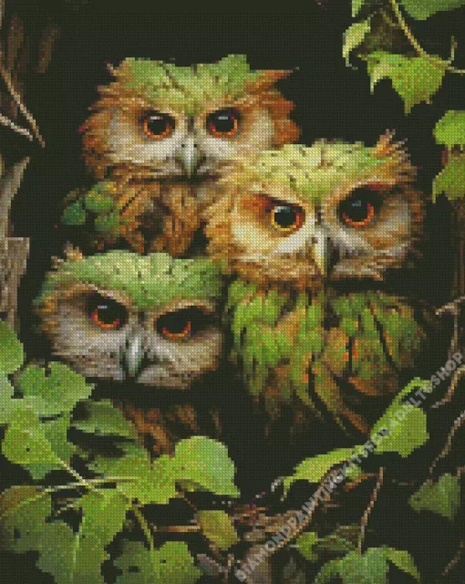 Green Group Of Owls Diamond Painting