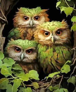 Green Group Of Owls Diamond Painting