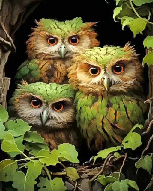 Green Group Of Owls Diamond Painting