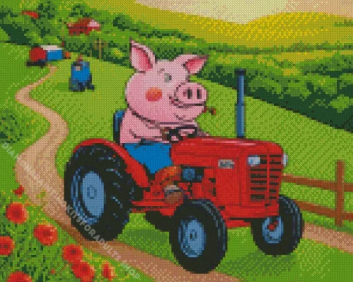 Pig Driving A Farm Tractor Diamond Painting