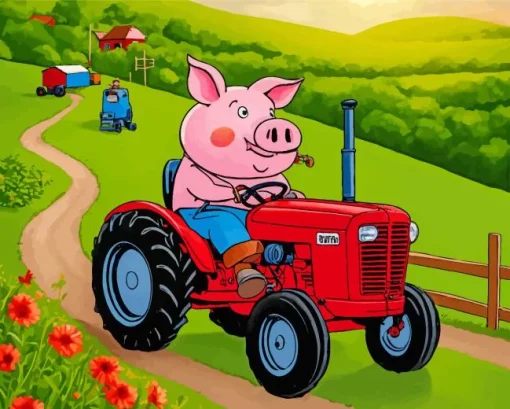 Pig Driving A Farm Tractor Diamond Painting