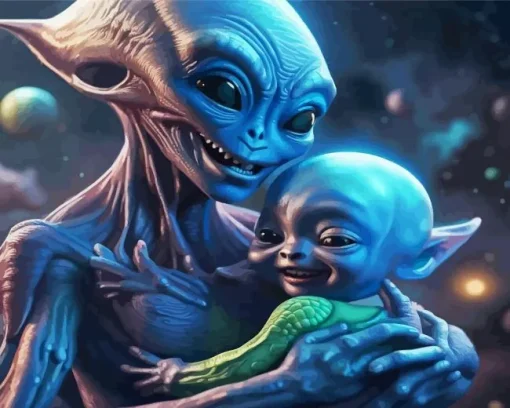 Blue Alien Baby And Mother Diamond Painting