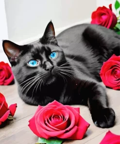 Blue Eyed Black Cat And Roses Diamond Painting