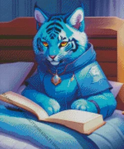 Anime Blue Tiger Reading Book Diamond Painting