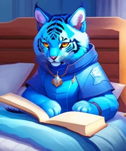 Anime Blue Tiger Reading Book Diamond Painting