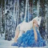 Girl Wearing Blue Dress In Snow Diamond Painting