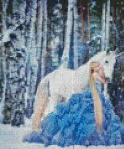 Girl Wearing Blue Dress In Snow Diamond Painting