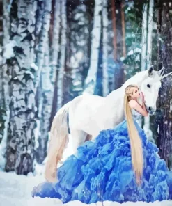Girl Wearing Blue Dress In Snow Diamond Painting
