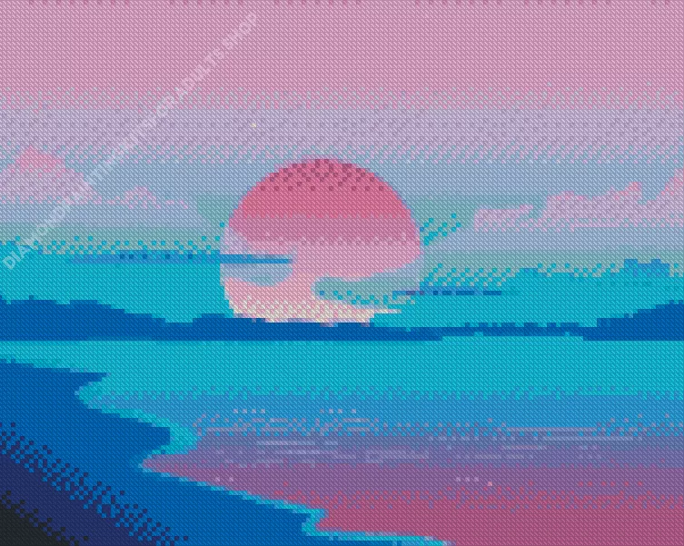 Illustration blue and purple sunset Diamond Paints Full Moon Mushroom House Diamond Painting