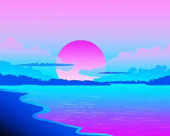 Illustration blue and purple sunset Diamond With Numbers Full Moon Mushroom House Diamond Painting