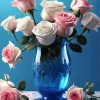 Roses In Blue Glass Vase Diamond Painting