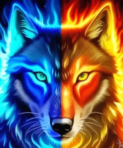 Blue And Red Fire Wolf Diamond Painting